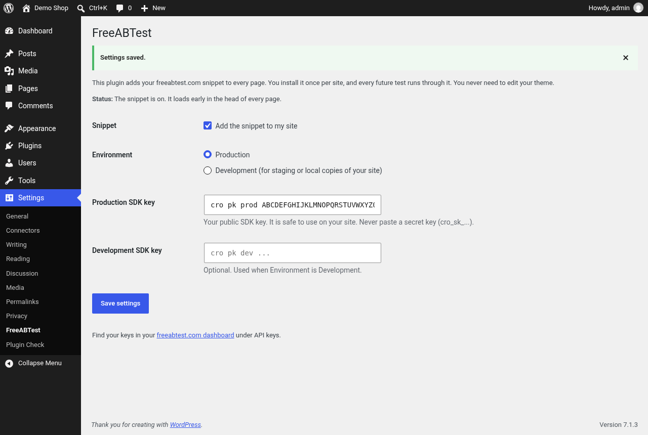 FreeABTest settings page in WordPress with the snippet turned on